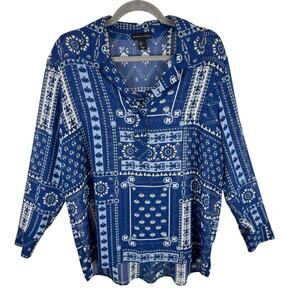 Adrienne Vittadini Blue White Long Sleeve Collared Split Neck Sheer Blouse Sz L